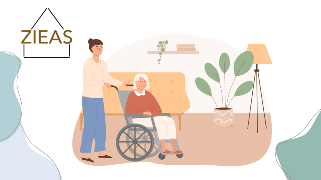 „Pflegekraft unterstützt ältere Person im Rollstuhl bei häuslicher Versorgung zuhause“