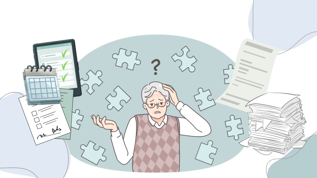 „Überforderte ältere Person bei Organisation, Anträgen und Pflegeberatung“