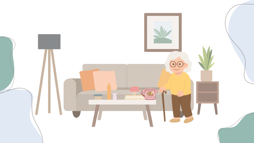 Ältere Frau steht mit Gehstock in ihrem Wohnzimmer neben einem Tisch mit Telefon